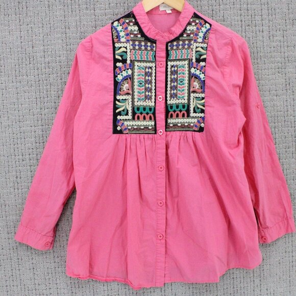Velzera Blouse Top Womens Medium M Pink Button Down Long Sleeve Embroidered - Picture 1 of 9
